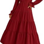 Women Fall Maxi Dress Long Sleeve V Neck Tiered Ruffle Flowy A Line Cocktail Party Dresses 10