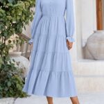 Women Fall Maxi Dress Long Sleeve V Neck Tiered Ruffle Flowy A Line Cocktail Party Dresses 12