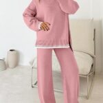 Fall Outfits Sweater Sets Long Sleeve Pullover Tops Wide Leg Pants Lounge Set for Women 06