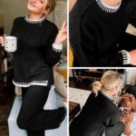 Fall Outfits Sweater Sets Long Sleeve Pullover Tops Wide Leg Pants Lounge Set for Women 23