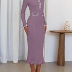 Fall Winter Sweater Dress 2024 Formal Business Long Sleeve Button Ribbed Trendy Knit Bodycon Midi Dresses 04