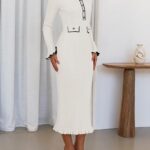 Fall Winter Sweater Dress 2024 Formal Business Long Sleeve Button Ribbed Trendy Knit Bodycon Midi Dresses 05