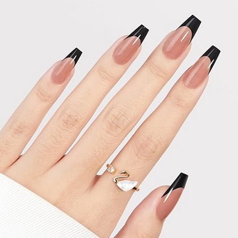 French Tip Press on Nails Flesh Colored Long Coffin 4 in 1 File Fake Nails for Salon DIY 07