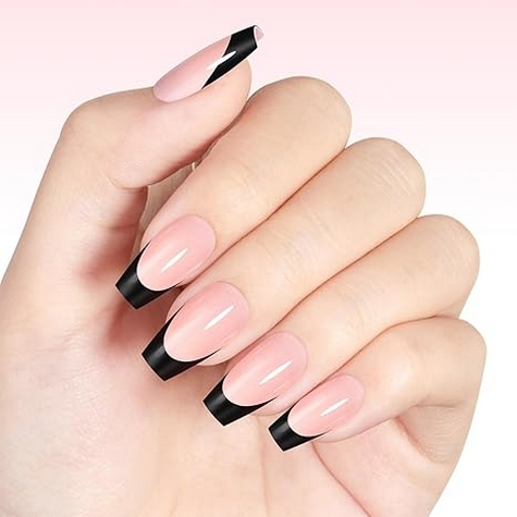 French Tip Press on Nails Flesh Colored Long Coffin 4 in 1 File Fake Nails for Salon DIY 12