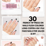 French Tip Press on Nails Flesh Colored Long Coffin 4 in 1 File Fake Nails for Salon DIY