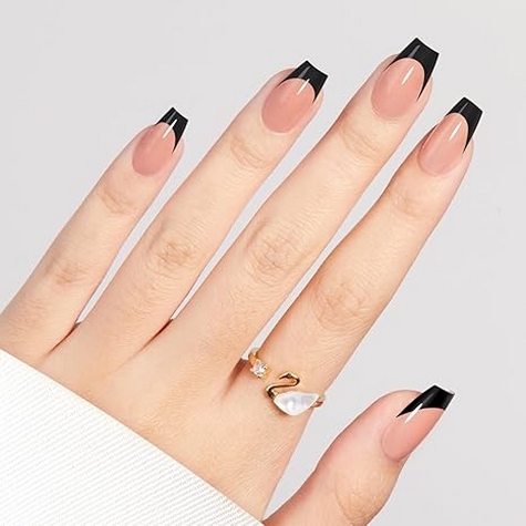 French Tip Press on Nails Flesh Colored Long Coffin 4 in 1 File Fake Nails for Salon DIY 18