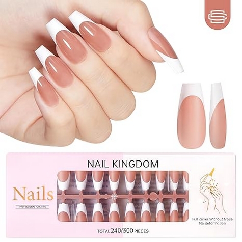 French Tip Press on Nails Flesh Colored Long Coffin 4 in 1 File Fake Nails for Salon DIY 20
