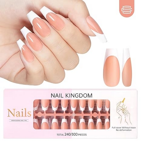 French Tip Press on Nails Flesh Colored Long Coffin 4 in 1 File Fake Nails for Salon DIY 21