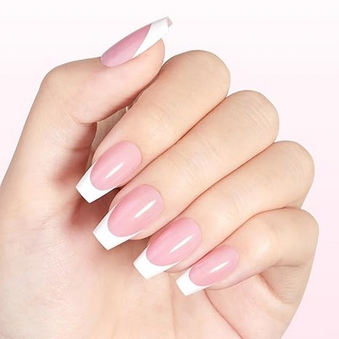 French Tip Press on Nails Flesh Colored Long Coffin 4 in 1 File Fake Nails for Salon DIY 23