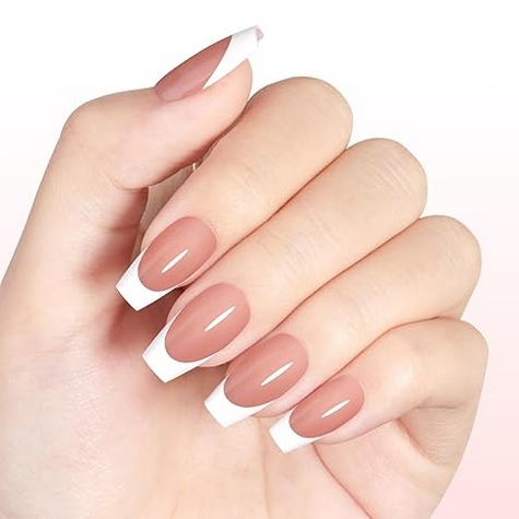 French Tip Press on Nails Flesh Colored Long Coffin 4 in 1 File Fake Nails for Salon DIY 24