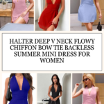 Halter Deep V Neck Flowy Chiffon Bow Tie Backless Summer Mini Dress for Women
