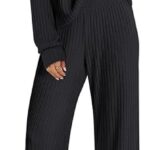 Lounge Pajamas Sets Casual Ribbed Knit Long Sleeve Top Pants Matching Set 2024 Fall Outfits Clothes 01