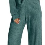 Lounge Pajamas Sets Casual Ribbed Knit Long Sleeve Top Pants Matching Set 2024 Fall Outfits Clothes 07