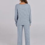 Lounge Pajamas Sets Casual Ribbed Knit Long Sleeve Top Pants Matching Set 2024 Fall Outfits Clothes 09