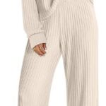 Lounge Pajamas Sets Casual Ribbed Knit Long Sleeve Top Pants Matching Set 2024 Fall Outfits Clothes 10