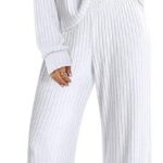 Lounge Pajamas Sets Casual Ribbed Knit Long Sleeve Top Pants Matching Set 2024 Fall Outfits Clothes 11