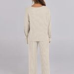Lounge Pajamas Sets Casual Ribbed Knit Long Sleeve Top Pants Matching Set 2024 Fall Outfits Clothes 17