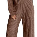 Lounge Pajamas Sets Casual Ribbed Knit Long Sleeve Top Pants Matching Set 2024 Fall Outfits Clothes 18