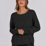 Lounge Pajamas Sets Casual Ribbed Knit Long Sleeve Top Pants Matching Set 2024 Fall Outfits Clothes 19