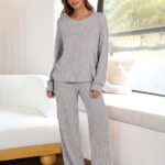 Lounge Pajamas Sets Casual Ribbed Knit Long Sleeve Top Pants Matching Set 2024 Fall Outfits Clothes 23