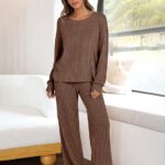 Lounge Pajamas Sets Casual Ribbed Knit Long Sleeve Top Pants Matching Set 2024 Fall Outfits Clothes 24