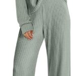 Lounge Pajamas Sets Casual Ribbed Knit Long Sleeve Top Pants Matching Set 2024 Fall Outfits Clothes 25