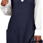 Sweater Vest Oversized V Neck Sleeveless Knit Pullover Ribbed Vest Dress with Pockets 01