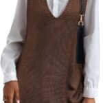Sweater Vest Oversized V Neck Sleeveless Knit Pullover Ribbed Vest Dress with Pockets 07