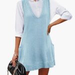 Sweater Vest Oversized V Neck Sleeveless Knit Pullover Ribbed Vest Dress with Pockets 10