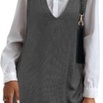 Sweater Vest Oversized V Neck Sleeveless Knit Pullover Ribbed Vest Dress with Pockets 14