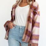 Women Flannel Plaid Shacket Long Sleeve Button Down Shirts Jacket Coats with Side Pockets 03