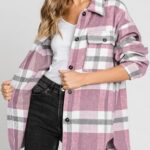 Women Flannel Plaid Shacket Long Sleeve Button Down Shirts Jacket Coats with Side Pockets 04
