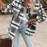 Women Flannel Plaid Shacket Long Sleeve Button Down Shirts Jacket Coats with Side Pockets 11
