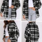 Women Flannel Plaid Shacket Long Sleeve Button Down Shirts Jacket Coats with Side Pockets 12
