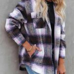 Women Flannel Plaid Shacket Long Sleeve Button Down Shirts Jacket Coats with Side Pockets 13
