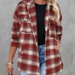 Women Flannel Plaid Shacket Long Sleeve Button Down Shirts Jacket Coats with Side Pockets 15