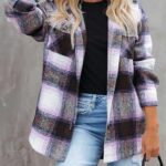 Women Flannel Plaid Shacket Long Sleeve Button Down Shirts Jacket Coats with Side Pockets 19