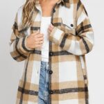 Women Flannel Plaid Shacket Long Sleeve Button Down Shirts Jacket Coats with Side Pockets 25