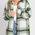 Women Flannel Plaid Shacket Long Sleeve Button Down Shirts Jacket Coats with Side Pockets 26