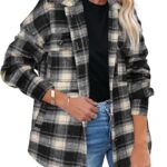 Women Flannel Plaid Shacket Long Sleeve Button Down Shirts Jacket Coats with Side Pockets 28