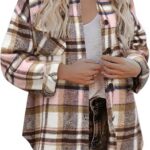Women Flannel Plaid Shacket Long Sleeve Button Down Shirts Jacket Coats with Side Pockets 29