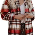 Women Flannel Plaid Shacket Long Sleeve Button Down Shirts Jacket Coats with Side Pockets 32