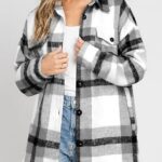 Women Flannel Plaid Shacket Long Sleeve Button Down Shirts Jacket Coats with Side Pockets 33