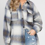 Women Flannel Plaid Shacket Long Sleeve Button Down Shirts Jacket Coats with Side Pockets 35