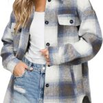 Women Flannel Plaid Shacket Long Sleeve Button Down Shirts Jacket Coats with Side Pockets 36