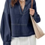 Womens Denim Tops Pullover Trendy Casual V Neck Loose Fit Puff Sleeve Jean Cotton Shirts 08