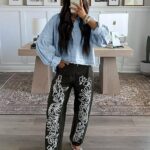 Womens Denim Tops Pullover Trendy Casual V Neck Loose Fit Puff Sleeve Jean Cotton Shirts 09