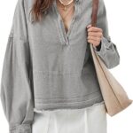 Womens Denim Tops Pullover Trendy Casual V Neck Loose Fit Puff Sleeve Jean Cotton Shirts 11