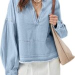 Womens Denim Tops Pullover Trendy Casual V Neck Loose Fit Puff Sleeve Jean Cotton Shirts 13