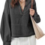 Womens Denim Tops Pullover Trendy Casual V Neck Loose Fit Puff Sleeve Jean Cotton Shirts 14